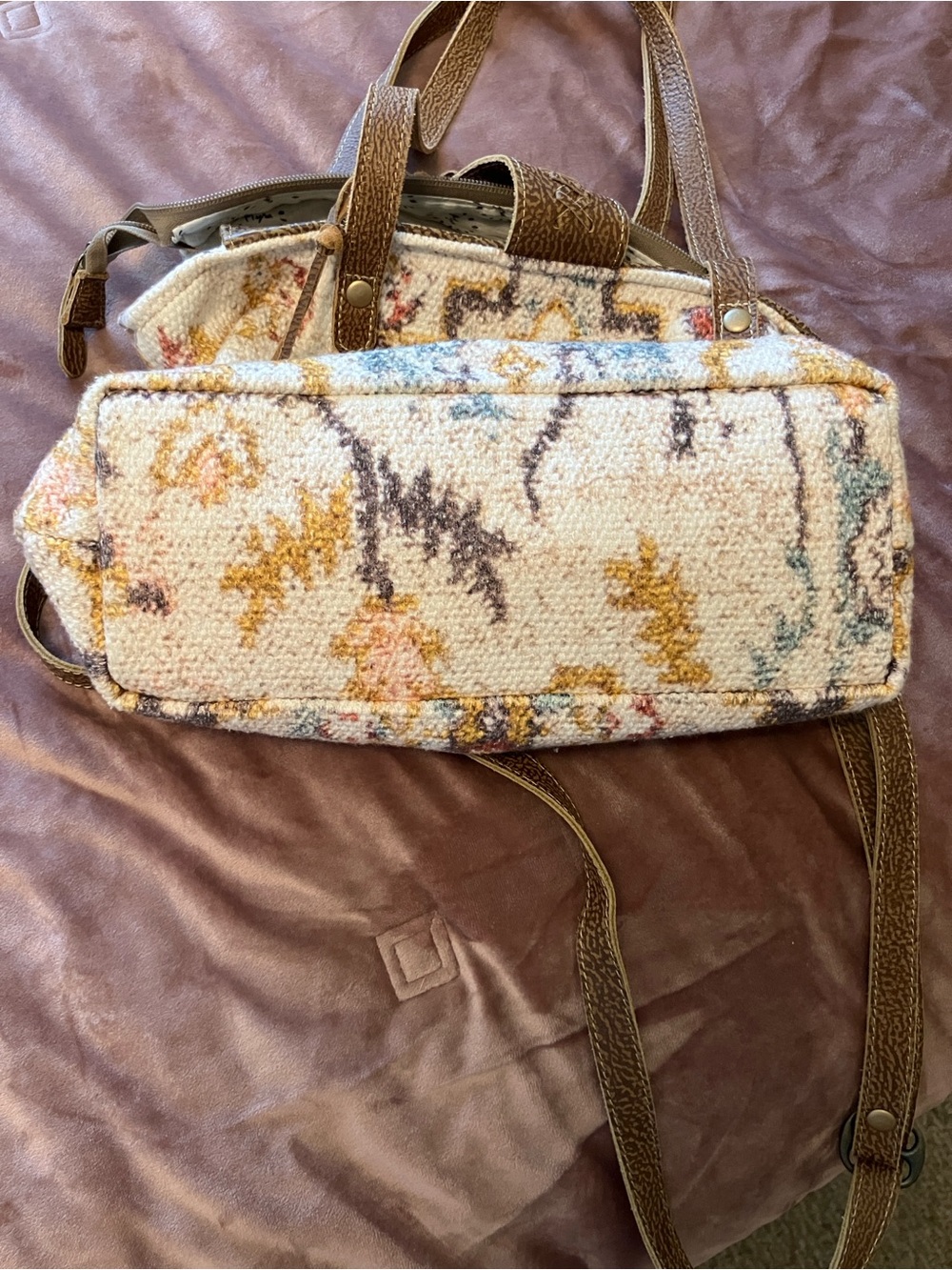 Boho Myra Bag Multicolor Woven Tapestry Tote with Brown Leather Trim - Picture 7 of 8